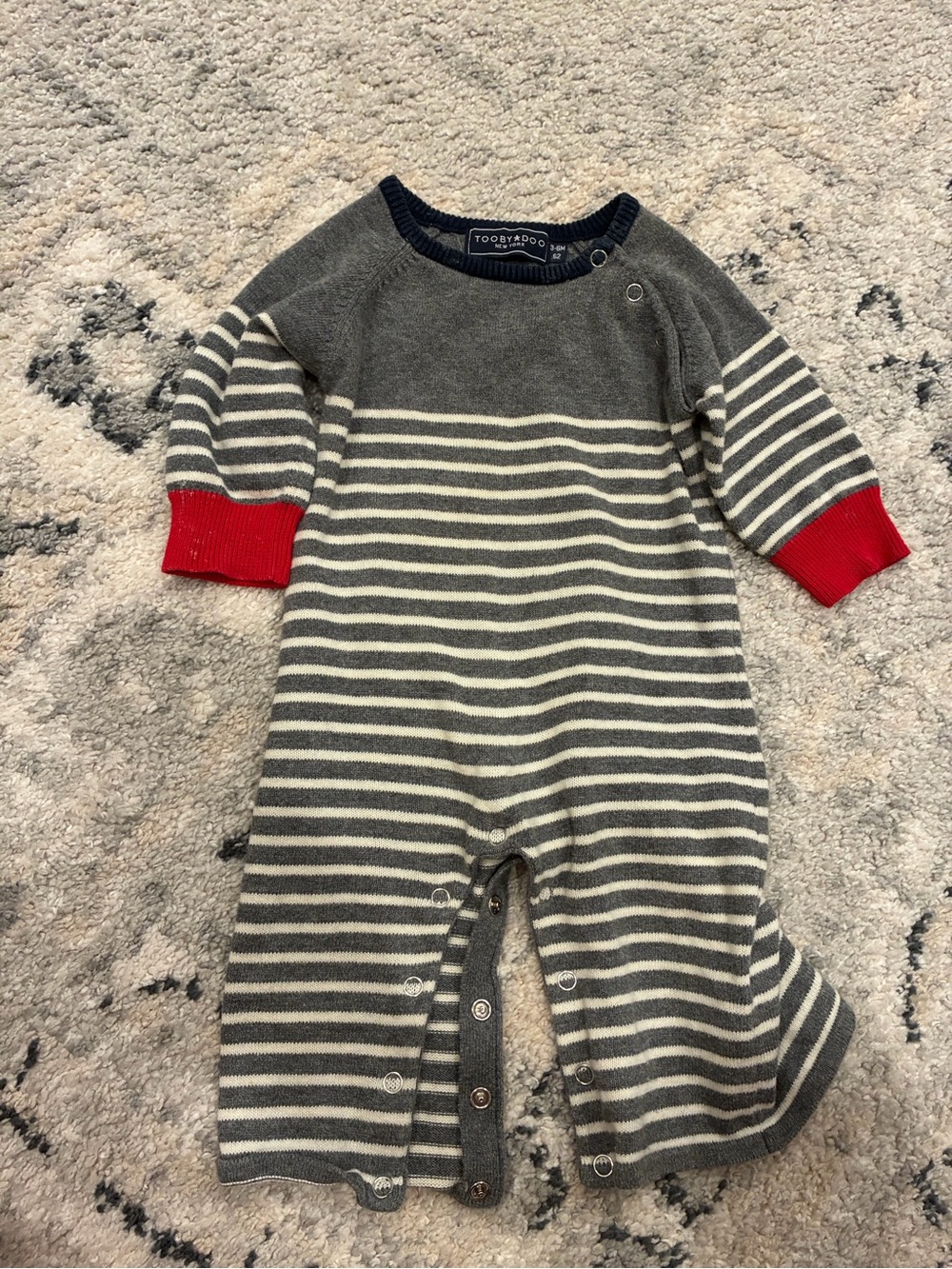 Toobydoo Gray & Cream Striped Baby One-Piece with Red Cuffs